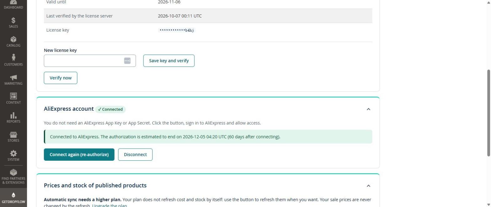 AliExpress connected, with the end date of the permission