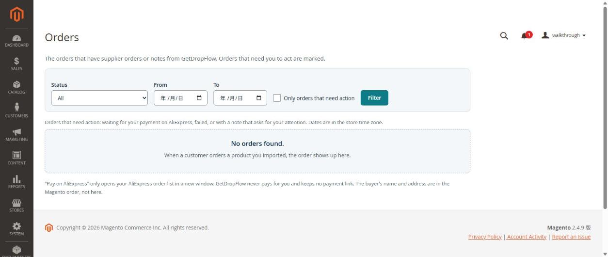 The Orders page (empty on a new store)