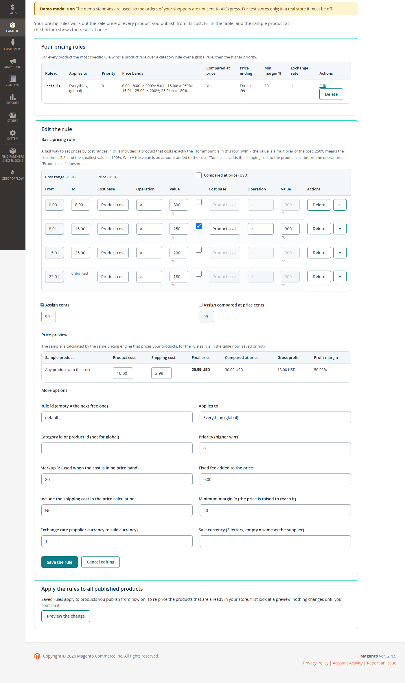 The pricing table with the sample product