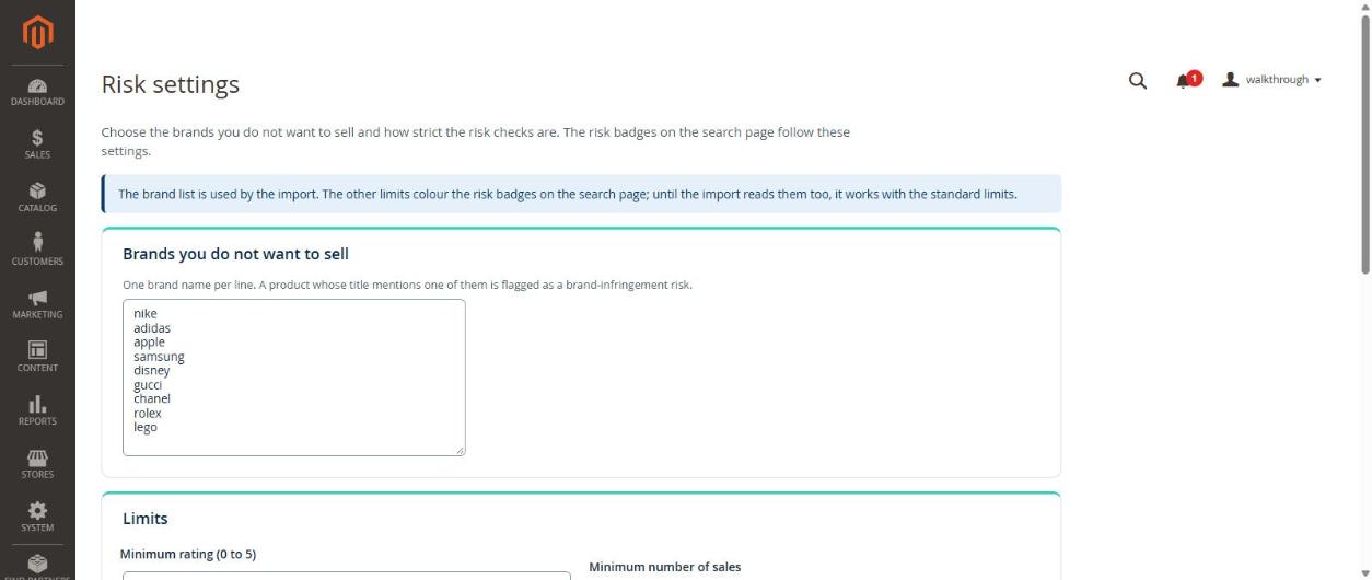 The Risk settings page