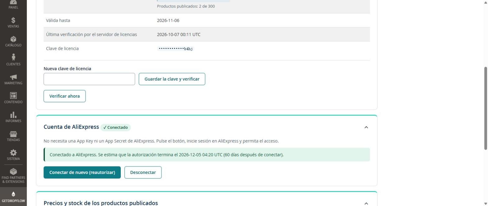 AliExpress conectado, con la fecha de fin del permiso