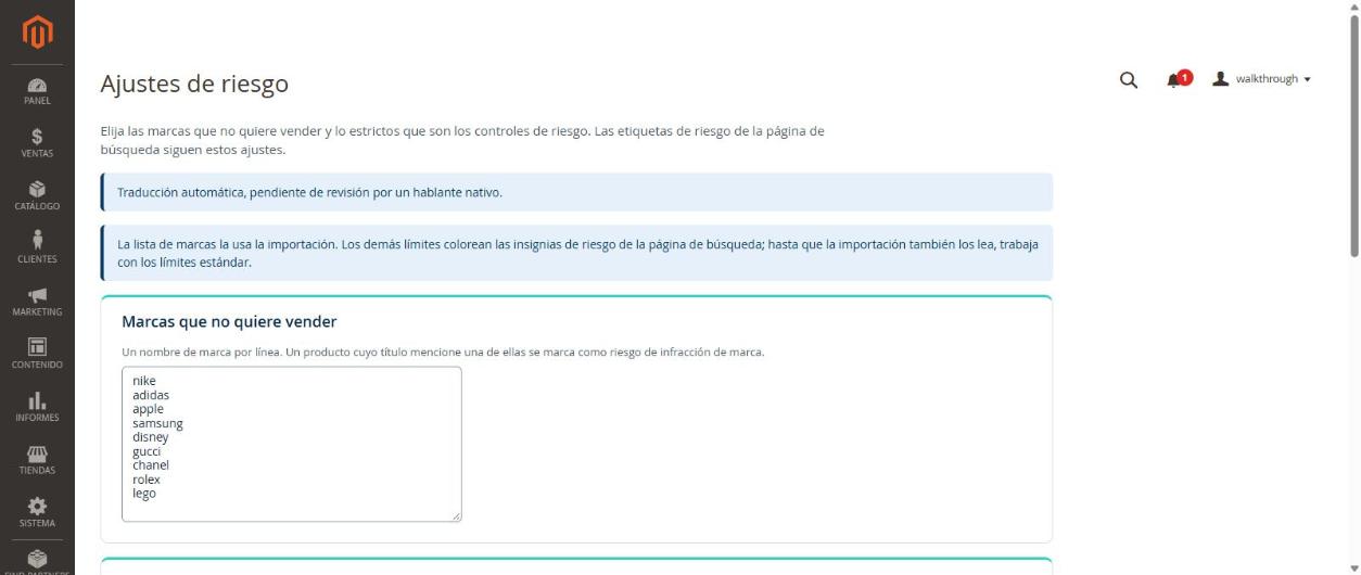 La página de ajustes de riesgo