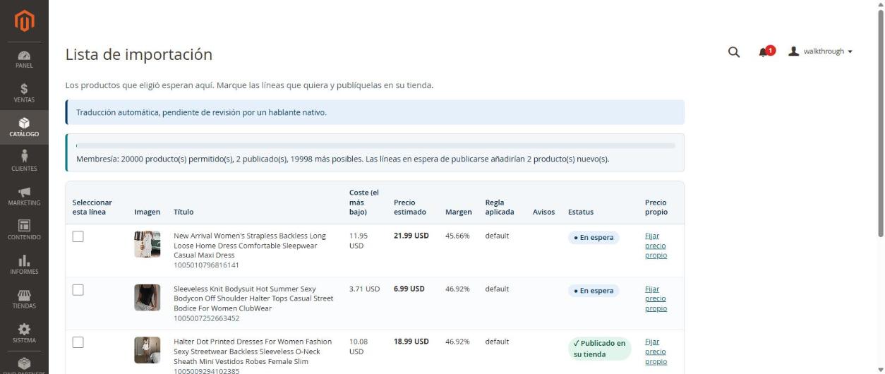 Lista de importación con precio estimado, margen y regla aplicada